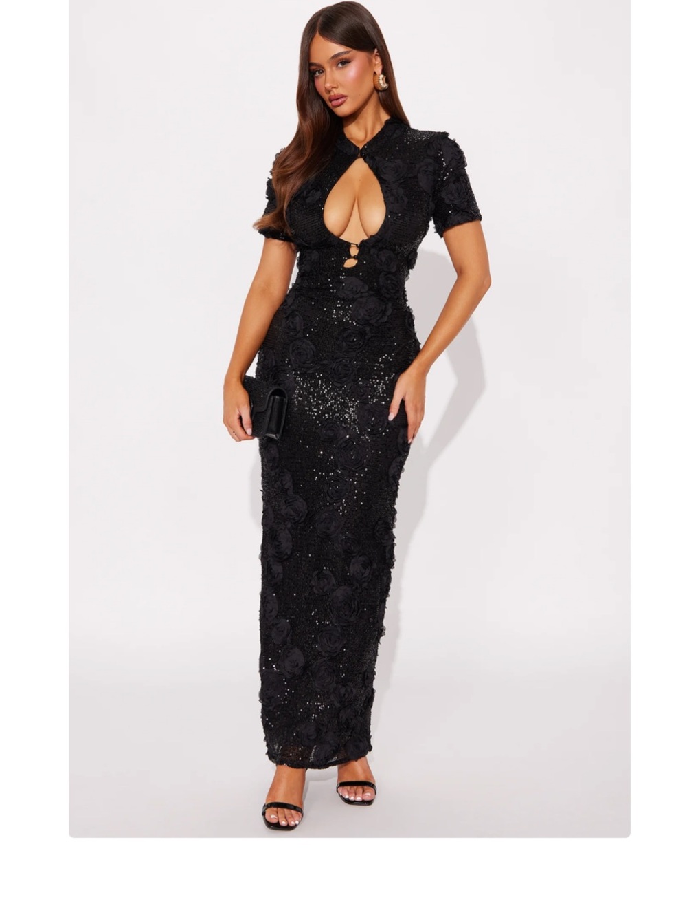 Fashion Nova Black Sequin Floral Cutout Maxi Dress